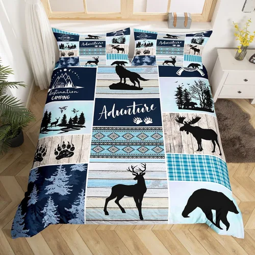 Miniatura 20 de Juego de funda de edredón para niños de ciervo, oso, lobo, tamaño individual, juego de ropa de cama de cabaña de aventura para niños, niñas