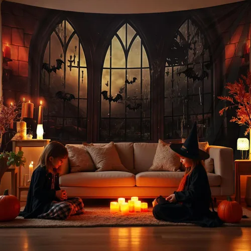Miniatura 17 de QGHOT Tapiz de Halloween para colgar en la pared, tapiz de castillo de terror con ventana gótica, fondo espeluznante medieval, tapices