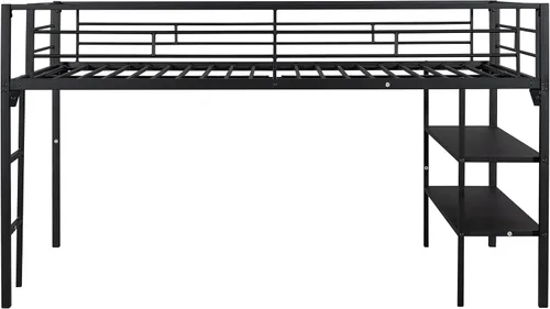 Miniatura 7 de Cama baja de metal individual con estantes de almacenamiento y escalera, litera flotante para niños, ahorro de espacio, no necesita somier, fácil