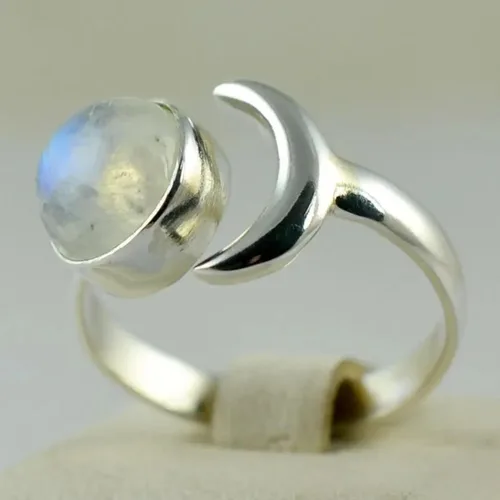 Miniatura 2 de Navya Craft Anillo de plata de ley 925 con piedra lunar y luna creciente, ajustable, para mujer, piedra lunar arcoíris natural, joyería hecha a