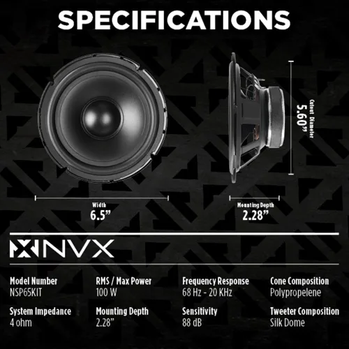 Miniatura 3 de NVX® NSP65KIT Altavoces de coche de 6.5", 600W máx., 200W RMS, sistema de 2 vías con componentes con tweeters de cúpula de seda y cruces pasivos