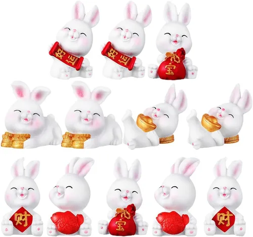 Kisangel 12 figuras pequeñas de conejo, estatuas de conejo en miniatura, adornos de conejo de resina para decoración del hogar, decoración de pastel