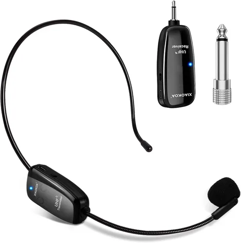 Auriculares inalámbricos UHF con micrófono: Sistema de micrófono de cabeza inalámbrico, micrófonos con carga USB-C, rango de 164 pies - para