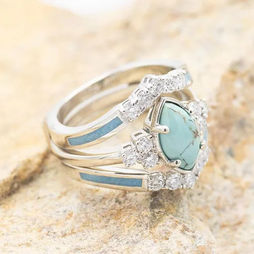 Miniatura 3 de Anillos de diamantes turquesa de 3 piezas para mujer de plata de ley natural anillos de joyería simples de moda