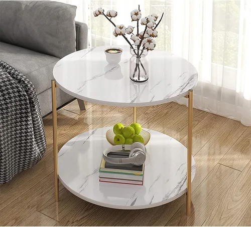 Miniatura 2 de Mesa de Centro - Mesa auxiliar redonda pequeña de 2 niveles con almacenamiento y patas en E de metal resistente, mesa circular moderna para sala