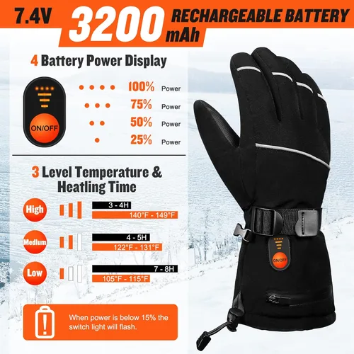 Miniatura 2 de Guantes térmicos eléctricos con pantalla táctil, guantes de calefacción de batería recargables de 7.4 V 2200 mAh para hombres y mujeres, 3 niveles