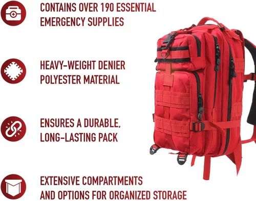 Miniatura 3 de Rothco Mochila Trauma Kit - Incluye más de 190 artículos de supervivencia de emergencia para cualquier situación - Rojo