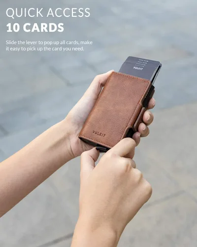 Miniatura 2 de VULKIT Tarjetero de cuero con bloqueo RFID, billetera desplegable automática con bloqueo RFID, cartera magnética para tarjetas doble para hombres