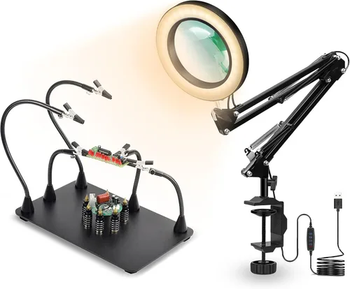 Miniatura 6 de Estación de soldadura con manos de ayuda magnéticas NOEVSBIG con base grande y resistente, 6 soportes para PCB, 5 brazos flexibles con clip