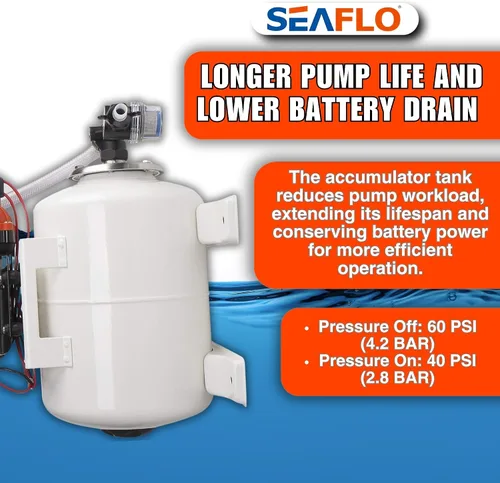 Miniatura 6 de SEAFLO Bomba de agua marina 12 V CC 60 PSI 5,5 GPM Sistema de tanque acumulador de 2 galones Sistema de aumento de presión del acumulador para un