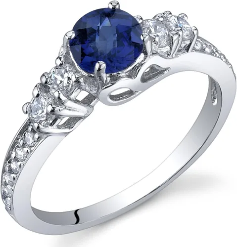Peora Anillo de plata de ley 925 con zafiro azul para mujer, diseño de solsticio encantador, 0.75 quilates, redondo, 0.197in, tamaños 5 a 9, Metal