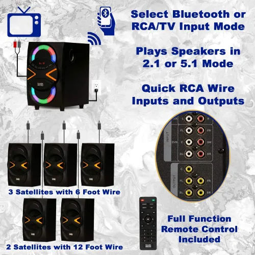 Miniatura 3 de Acoustic Audio by Goldwood Sistema de altavoces 5.1 canales 5.1 con luces LED y sistema de altavoces de cine en casa Bluetooth, negro (AA5210)