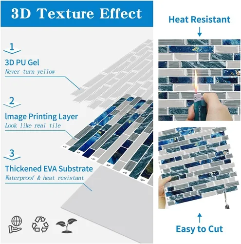 Miniatura 6 de 10 hojas para despegar y pegar para cocina, baño, azulejos azules de 12 x 12 pulgadas