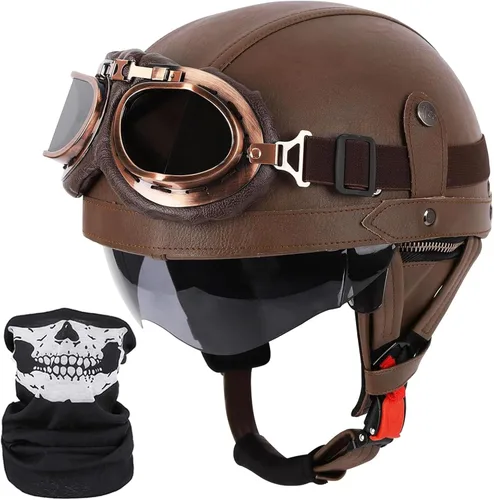 Miniatura 10 de Casco de motocicleta de estilo alemán, casco de cuero retro, aprobado por el DOT, para adultos, hombres y mujeres, casco de media cara vintage