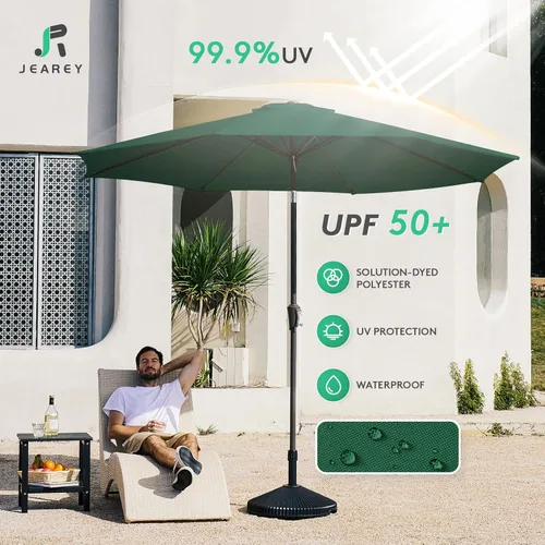 Miniatura 3 de JEAREY Sombrilla de mesa de patio al aire libre de 9 pies con botón de inclinación y manivela, sombrilla de mercado, 8 varillas resistentes, Verde