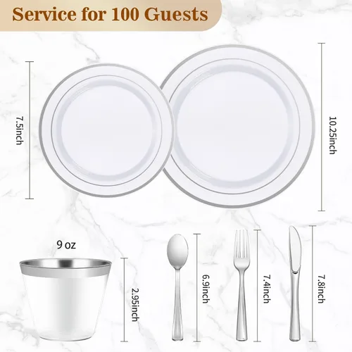 Miniatura 4 de BESTVIP Juego de vajilla plateada de 600 piezas para 100 invitados, platos de plástico para fiestas, 100 platos desechables plateados, 100 platos