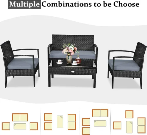 Miniatura 6 de Juego de 4 muebles de patio para exteriores, juego de sofá de mimbre con cojín gris resistente al agua y mesa de vidrio templado para patio trasero