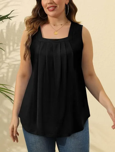 Miniatura 160 de Saloogoe - Camisetas sin mangas veraniegas para mujeres, plisadas con cuello cuadrado y dobladillo curvado, blusas de ajuste holgado con movimiento
