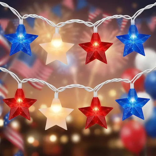 Tira de luces de estrellas rojas, blancas y azules, 8.5 pies, luces de decoración del 4 de julio con 10 luces rojas, blancas y azules, tira de luces