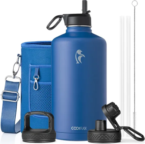 Miniatura 64 de Coolflask Botella de agua de 20 onzas aislada con pajilla, 3 tapas de metal de acero inoxidable, botella de agua de boca ancha para deportes u