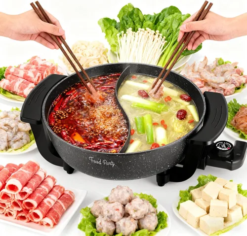 Miniatura 7 de Food Party Olla Caliente Eléctrica con Divisor Hotpot Olla Eléctrica Hopot Cocinador Shabu Shabu Olla 110V 1200W Antiadherente 6-Quart Libre de BPA