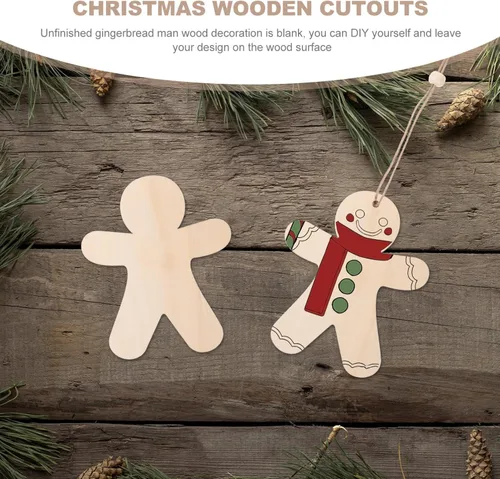 Miniatura 5 de 10 piezas de madera de hombre de jengibre recortes de madera sin terminar manualidades de madera adorno de pintura de Navidad DIY recortes de madera