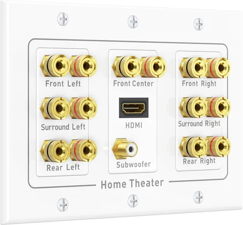 Miniatura 11 de Cable Matters Paquete de 2 placas de pared de alambre para altavoz, placa de pared de altavoz chapada en oro con poste de encuadernación de enchufe