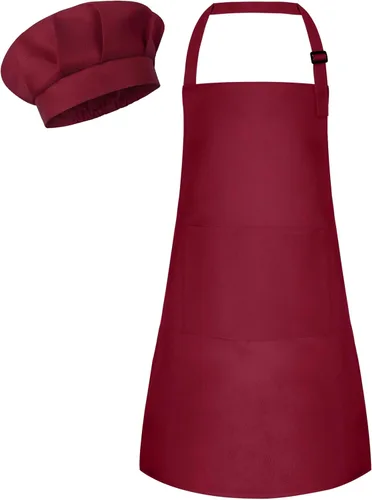 Miniatura 22 de Conjunto de Delantal y Gorro de Chef para Niños, Delantal Infantil Ajustable con 2 Bolsillos, para Niños Chef y Pintura, Cocinar, Hornear