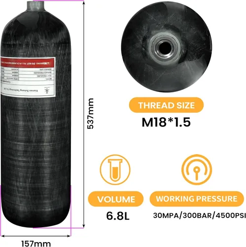 TUXING Tanque de aire HPA Paintball de fibra de carbono 6.8L/414ci (no DOT), sistema de aire PCP de 4500 psi válvula de doble calibre manguera de
