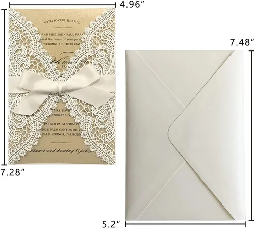 Miniatura 4 de 25 invitaciones de boda de 5 x 7 pulgadas con sobres, corte láser de encaje hueco con cintas elegantes, para boda, despedida de soltera, compromiso