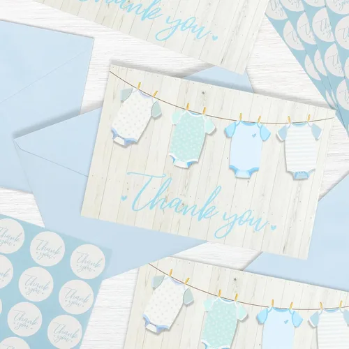 Miniatura 2 de Pipilo Press Tarjetas de agradecimiento para baby shower con sobres y calcomanías para niño, diseño de tendedero azul de 6 x 4 pulgadas, paquete