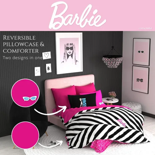 Miniatura 5 de Franco - Collectibles - Ropa de cama de Barbie 1959 - Juego de 4 piezas con edredón reversible y sábanas supersuaves - Individual