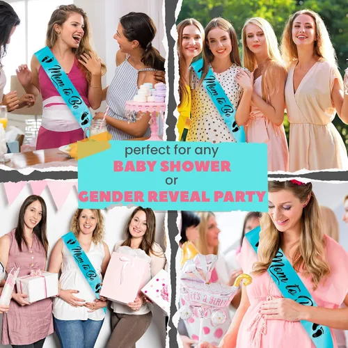 Miniatura 2 de CORRURE Baby Shower Mom to Be Faja para niño o niña – Hermosa cinta azul y texto de aluminio negro – Ideal para revelación de género, regalos