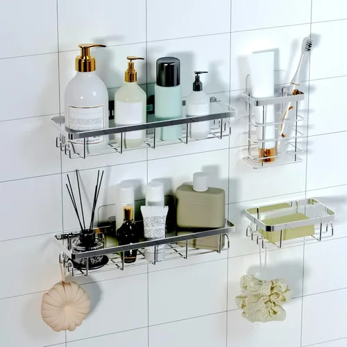 Miniatura 11 de Organizador de Cesta de Ducha con Ganchos, Estantes de Baño Autoadhesivos, Organizadores y Almacenamiento de Baño sin Taladro, Perfecto para RV