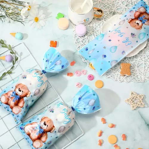 Miniatura 4 de Pajean Paquete de 100 bolsas de regalo de oso para baby shower, de celofán, bolsas de regalo de plástico a granel con lazos metálicos