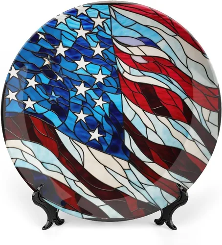 Platos decorativos con diseño de bandera de Estados Unidos, acuarela, vitrales, decoración del hogar, platos de cerámica, para cocina, mesa auxiliar
