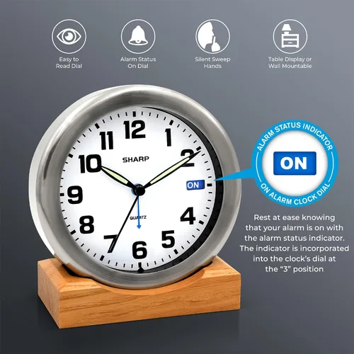 Miniatura 2 de Sharp Silent Sweep - Reloj despertador analógico sin tictac, escritorio de metal cepillado o reloj de pared con soporte de madera auténtica