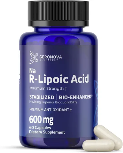 Geronova Research Ácido R-lipoico Bio-Mejorado, dosis de 600 mg - Suministro de 1 mes - Ácido alfa lipoico R estabilizado con absorción mejorada -