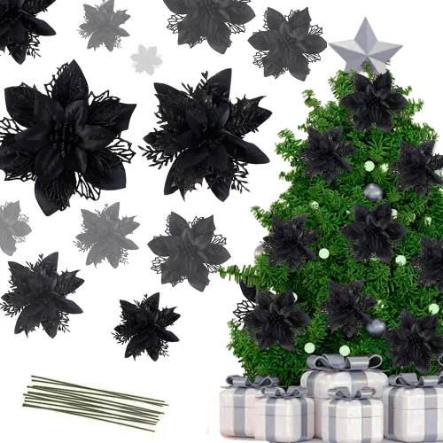 Miniatura 4 de Flores de Pascua de Navidad plateadas, paquete de 24 flores de seda con purpurina para adornos de árbol de Navidad, coronas de Navidad, guirnaldas