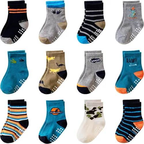 Miniatura 8 de Calcetines con Agarre Antideslizante para Niños Pequeños Calcetines de Tripulación de Algodón Anti Resbalón para Bebés Niños y Niñas 12 Pares