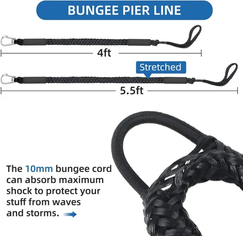 Miniatura 2 de Líneas de muelle elástico para barcos de 4 pies, paquete de 2 cuerdas de amarre con 316 clips de acero inoxidable, accesorios PWC de grado marino