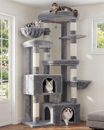 Hey-brother Árbol para gatos, torre de 67.3 pulgadas con 3 camas de plataforma suave, 2 condominios grandes, 9 postes rascadores de sisal, 2 hamacas