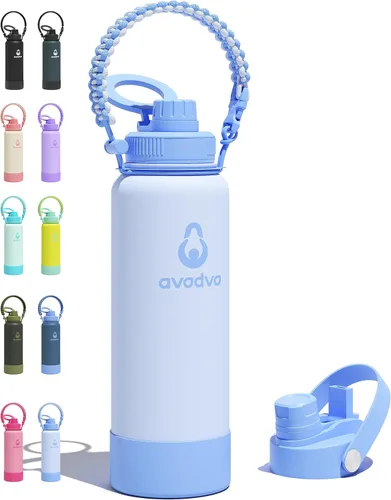Miniatura 11 de Botella de agua aislada de 18 onzas con 2 tapas (tapa de popote y boquilla 2 en 1, tapa magnética), botella de agua delgada con correa, botella