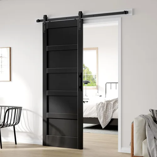 Miniatura 13 de Fredbeck Puerta de granero blanca de 30 x 84 pulgadas con kit de herrajes para puerta corredera de 5.5 pies incluido y asa, sólida, MDF, superficie