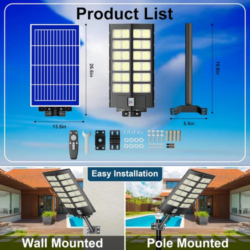 Miniatura 7 de Loyoele 9000W Luces solares de calle para exteriores 120000 lm, luz solar para estacionamiento comercial 7000 K, luces solares de inundación