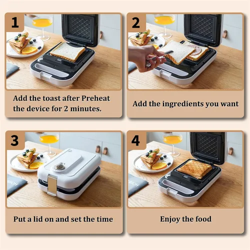 Miniatura 4 de Sandwichera de sincronización blanca 3 en 1 con placas antiadherentes, luces indicadoras y función de bloqueo, prensa eléctrica Panini de 600 W
