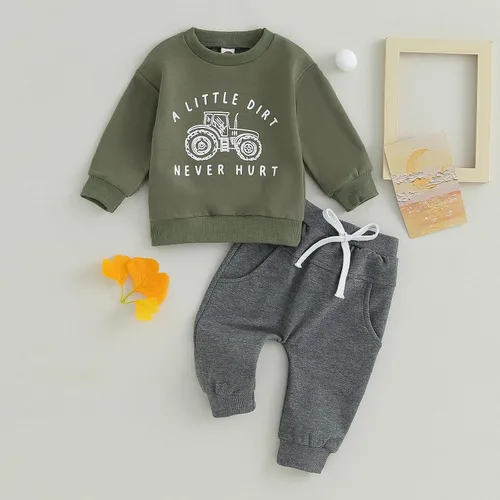 Miniatura 128 de Conjunto de 2 piezas de sudadera de manga larga con cuello redondo y pantalones casuales para bebés y niños pequeños
