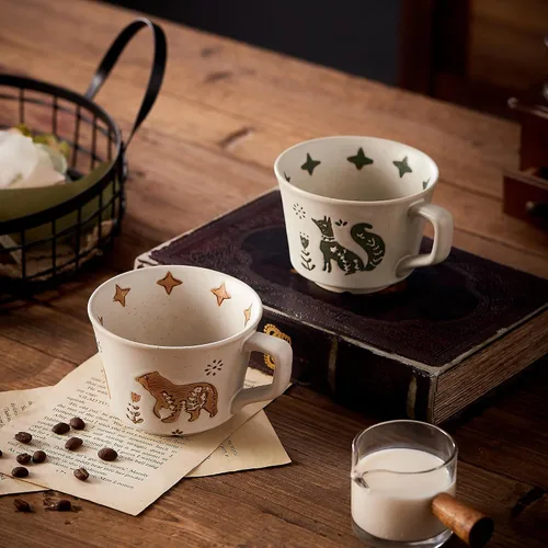 Miniatura 8 de Juego de 4 tazas de café de cerámica vintage de 12 onzas - Hechas a mano de gres cerámico de campo, estilo granja, para té de otoño con gran asa