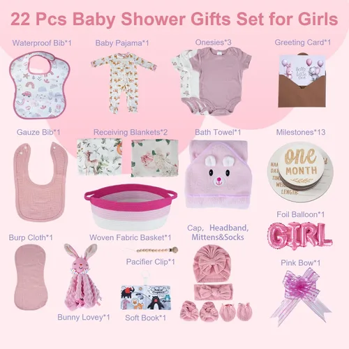 Miniatura 2 de Juego de 22 cestas de regalo para niña, rosa (recién nacido de 0 a 12 meses) Regalos premium para baby shower para niñas: juego de artículos