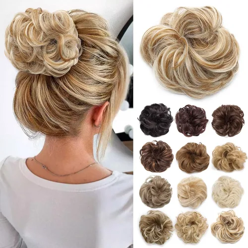 Miniatura 22 de Benehair Moño desordenado, pieza de pelo recogido para mujer, esponjoso, ondulado, moño con dona, moño sintético con banda elástica de goma